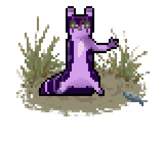 Pixel art of a dark purple slugcat with a pale purple stomach, ears, & limbs. There are vertical line markings over their eyes, and an even paler purple patch on their chest. There is a scar running down their face.